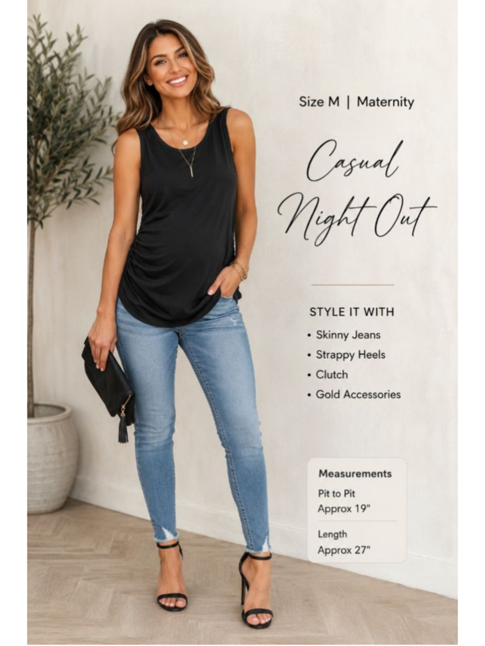 Black Maternity Tank Top Medium Ruched Side Stretch Sleeveless Basic Layering